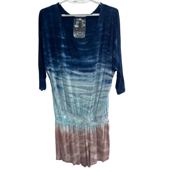 Young Fabulous & Broke Quarter Sleeve Tie Dye Ombre Romper Blue and Cream Size S - Picture 2 of 10